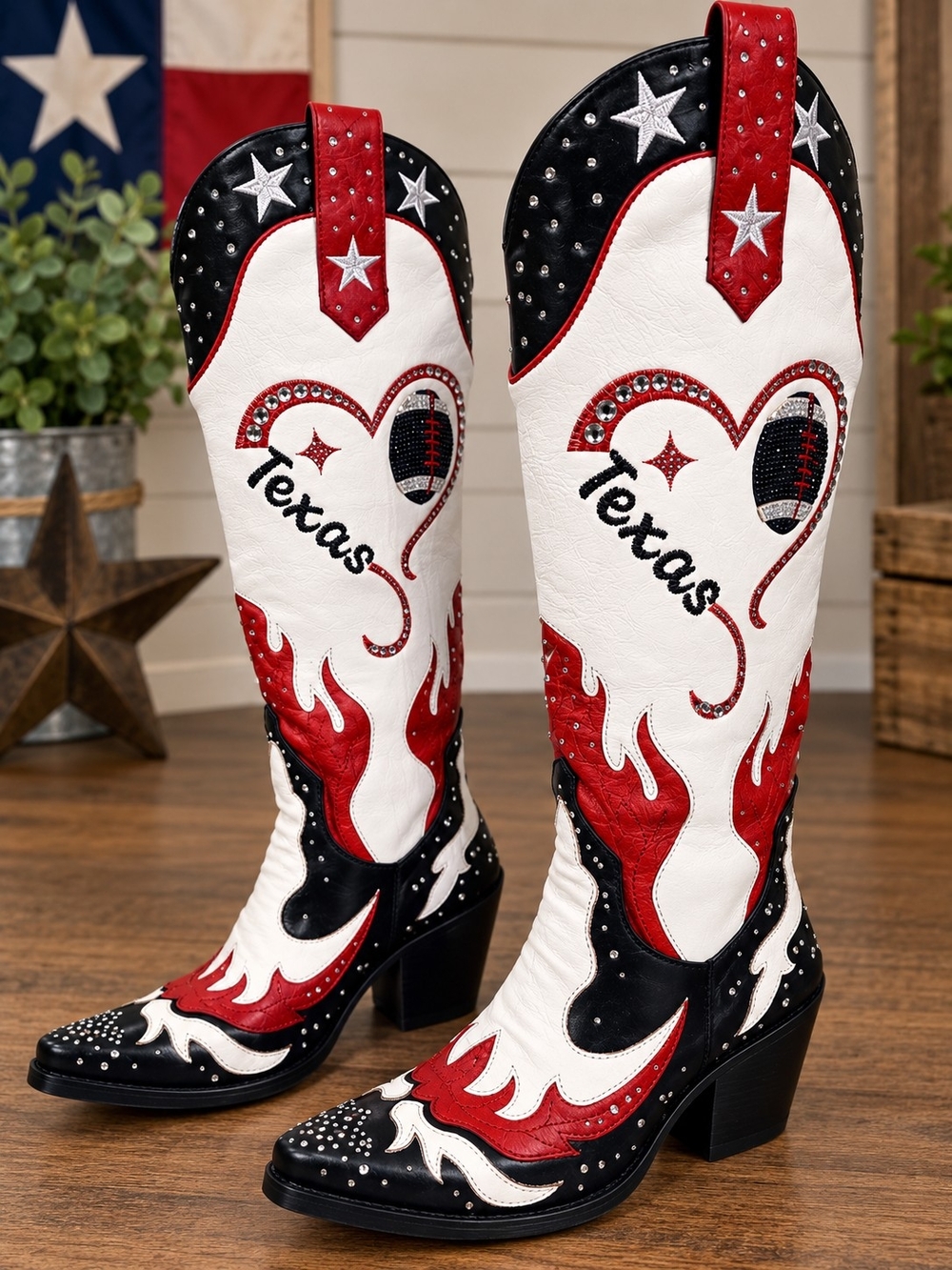 Texas Red & White Flame Western Heeled Boots